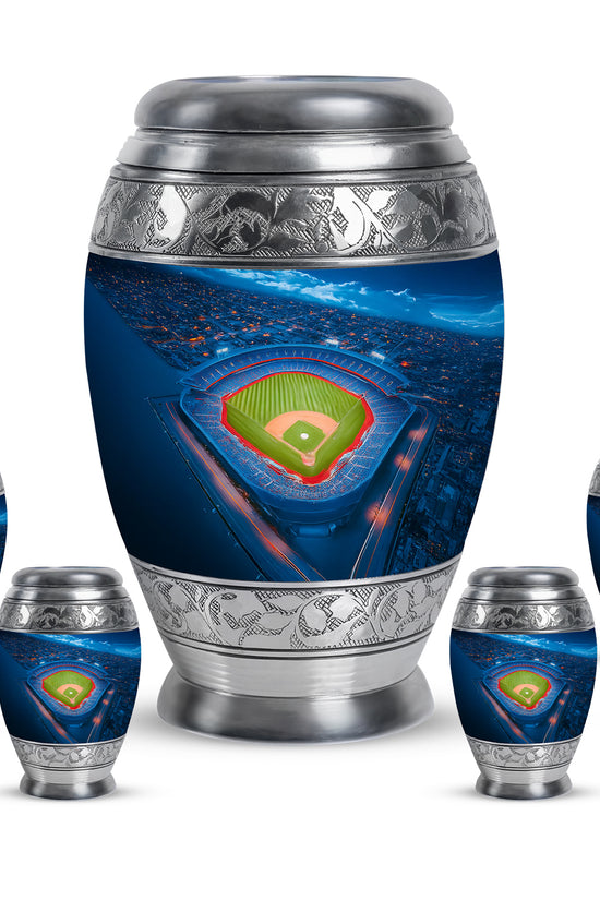 Misty Blue Baseball Cremation Urn detail view - regal baseball design with crown-inspired accents - memorial set with one large and four small urns