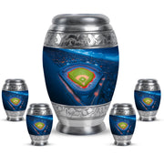 Misty Blue Baseball Cremation Urn detail view - regal baseball design with crown-inspired accents - memorial set with one large and four small urns
