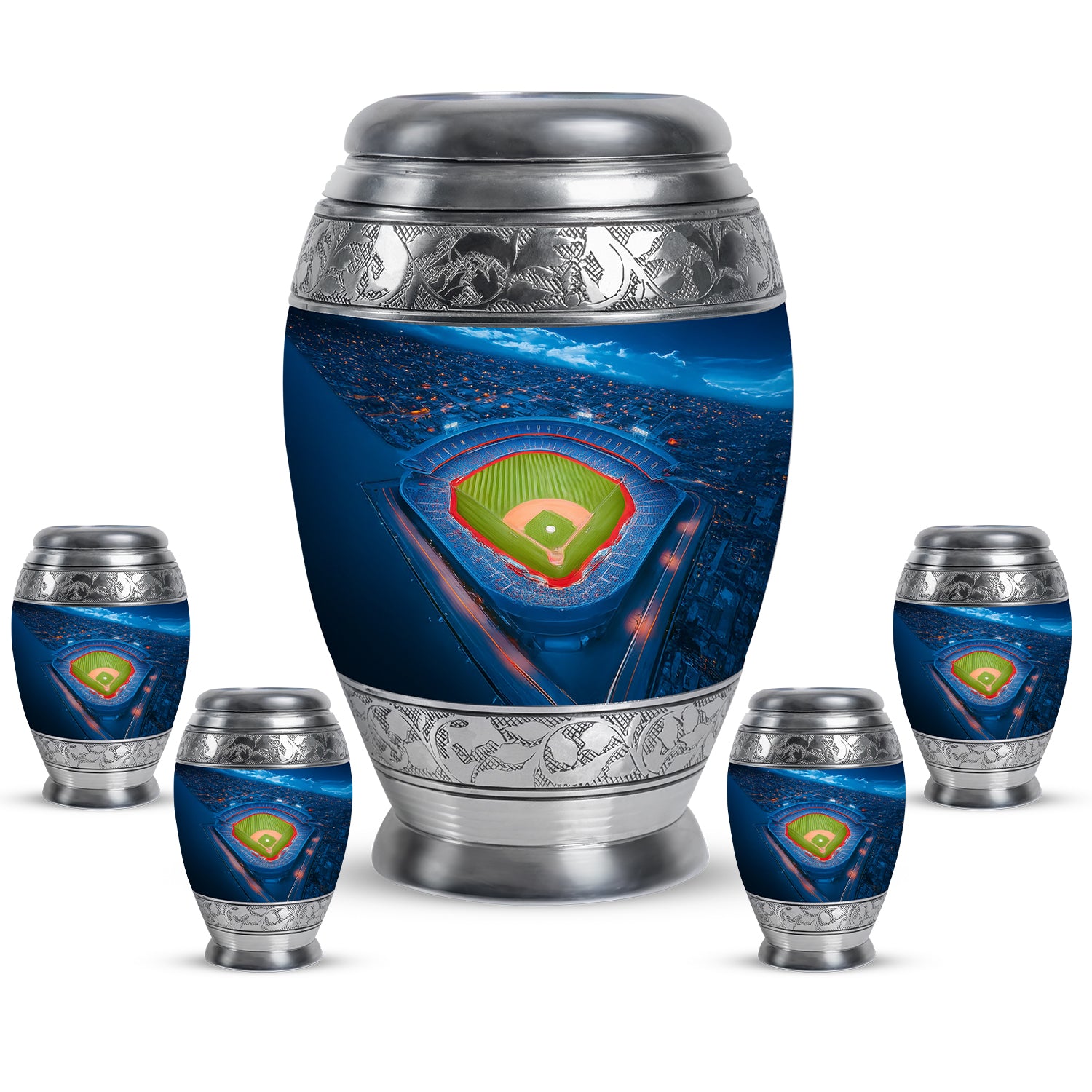 Misty Blue Baseball Cremation Urn detail view - regal baseball design with crown-inspired accents - memorial set with one large and four small urns