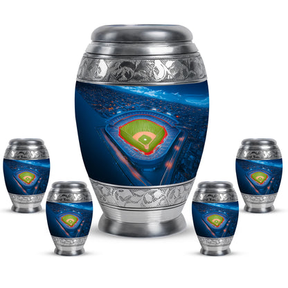 Misty Blue Baseball Cremation Urn detail view - regal baseball design with crown-inspired accents - memorial set with one large and four small urns