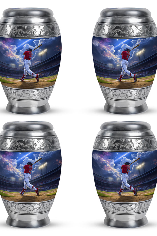 Soft Blue Baseball Cremation Urn urn with complimentary velvet bag - majestic baseball pattern with filigree border - 10 inch aluminum urn for cremated remains
