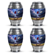 Soft Blue Baseball Cremation Urn urn with complimentary velvet bag - majestic baseball pattern with filigree border - 10 inch aluminum urn for cremated remains