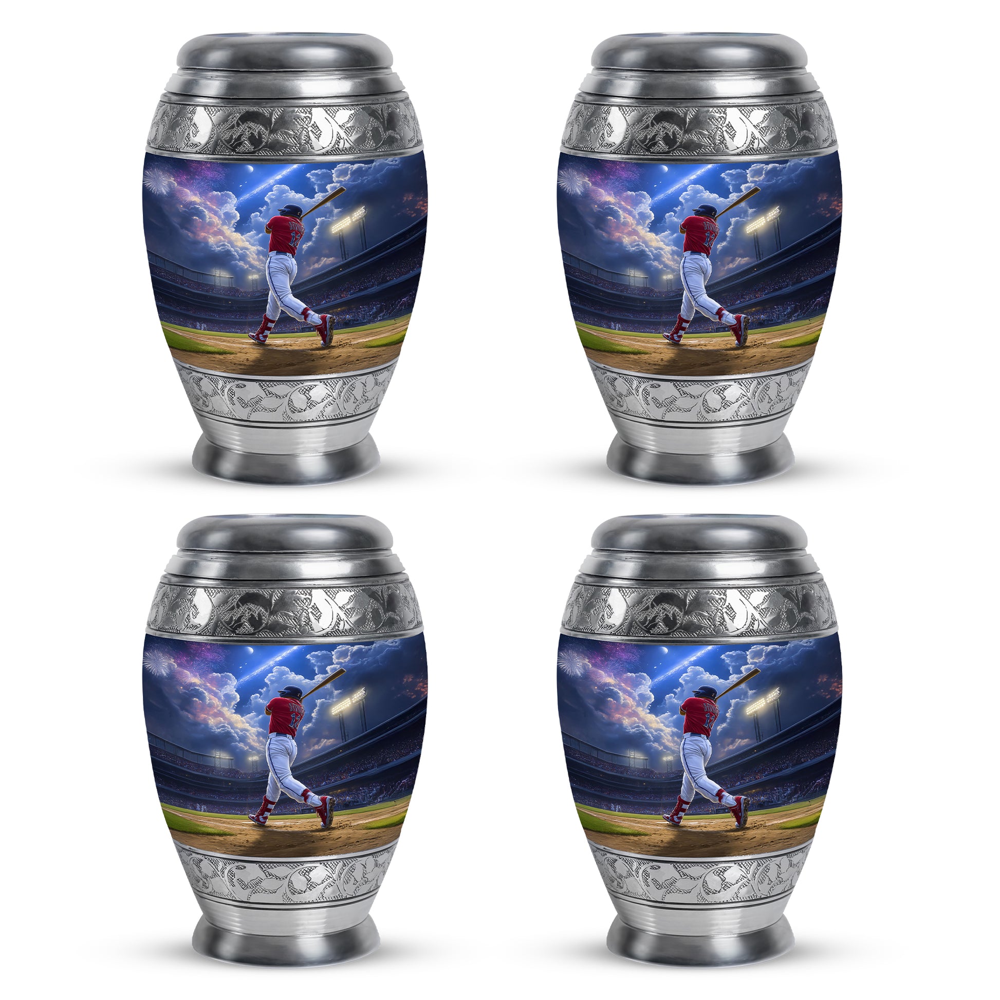 Soft Blue Baseball Cremation Urn urn with complimentary velvet bag - majestic baseball pattern with filigree border - 10 inch aluminum urn for cremated remains
