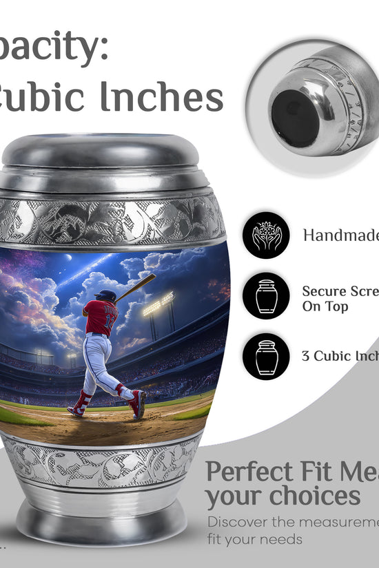 Navy Blue Baseball Cremation Urn lifestyle display on memorial shelf - ornate monarch-style baseball relief on brushed aluminum - mini keepsake memorial for portion of cremation ashes