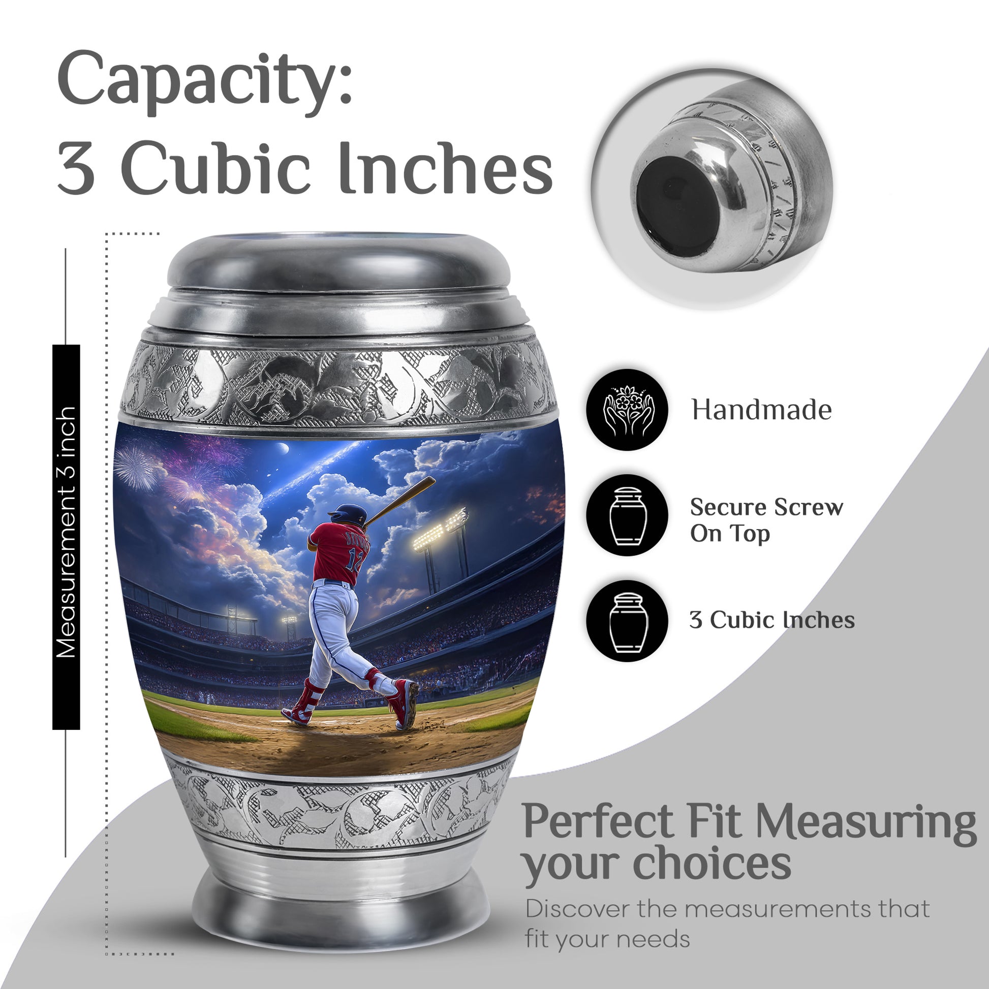 Navy Blue Baseball Cremation Urn lifestyle display on memorial shelf - ornate monarch-style baseball relief on brushed aluminum - mini keepsake memorial for portion of cremation ashes
