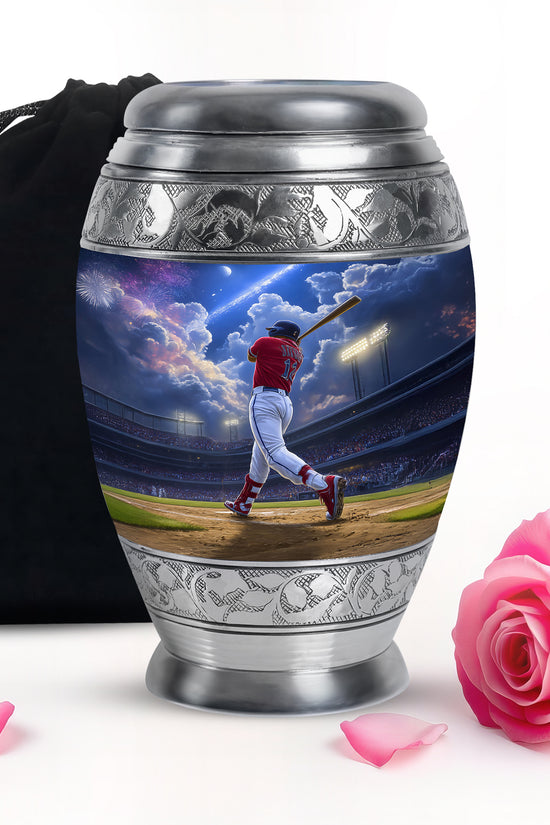 Misty Blue Baseball Cremation Urn back view with polished surface - ornate monarch-style baseball relief on brushed aluminum - full-size 10 inch 200 cubic inch adult cremation urn