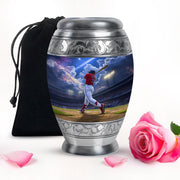 Misty Blue Baseball Cremation Urn back view with polished surface - ornate monarch-style baseball relief on brushed aluminum - full-size 10 inch 200 cubic inch adult cremation urn