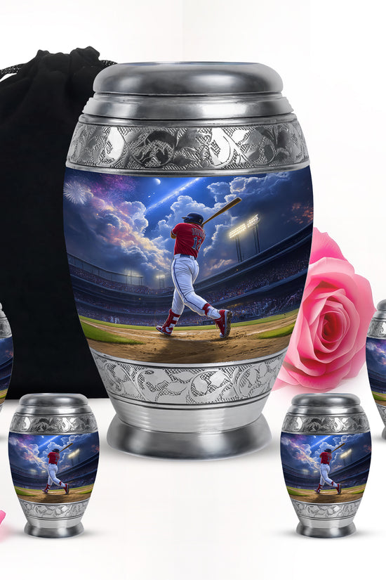 Royal Blue Baseball Cremation Urn detail view - majestic baseball pattern with filigree border - memorial set with one large and four small urns