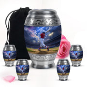 Royal Blue Baseball Cremation Urn detail view - majestic baseball pattern with filigree border - memorial set with one large and four small urns