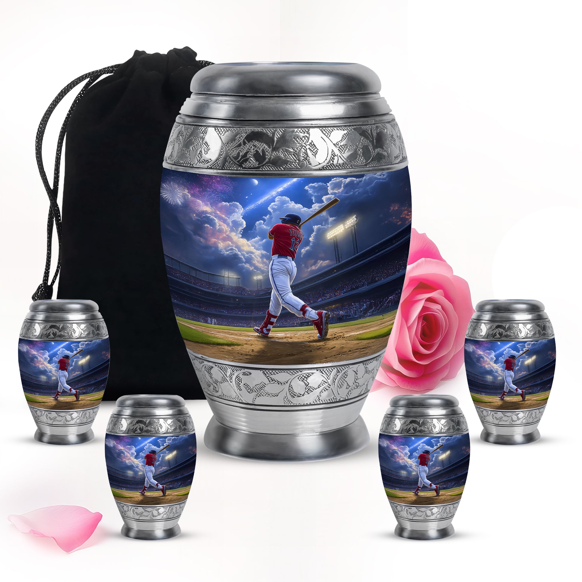 Royal Blue Baseball Cremation Urn detail view - majestic baseball pattern with filigree border - memorial set with one large and four small urns