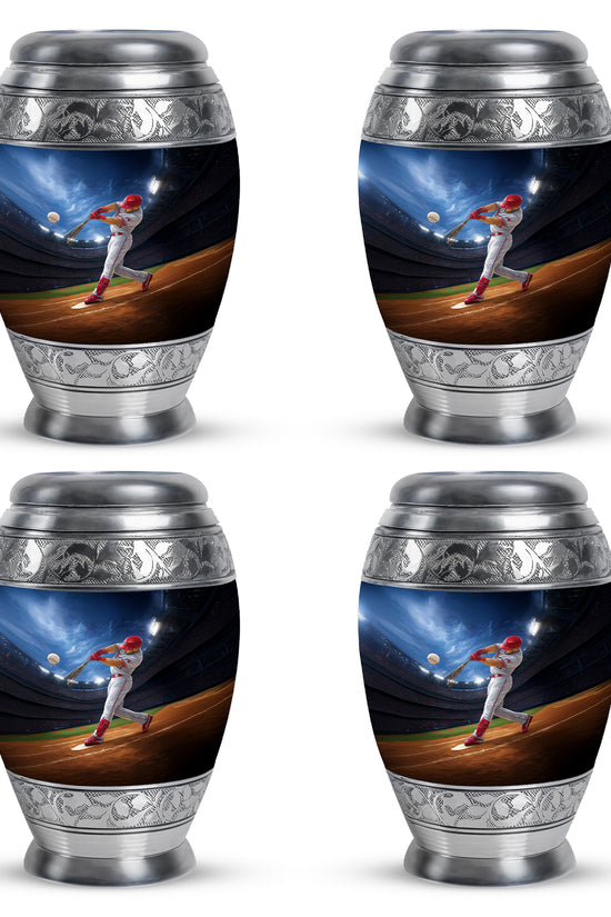 Soft Blue Baseball Cremation Urn urn with complimentary velvet bag - majestic baseball pattern with filigree border - 10 inch aluminum urn for cremated remains