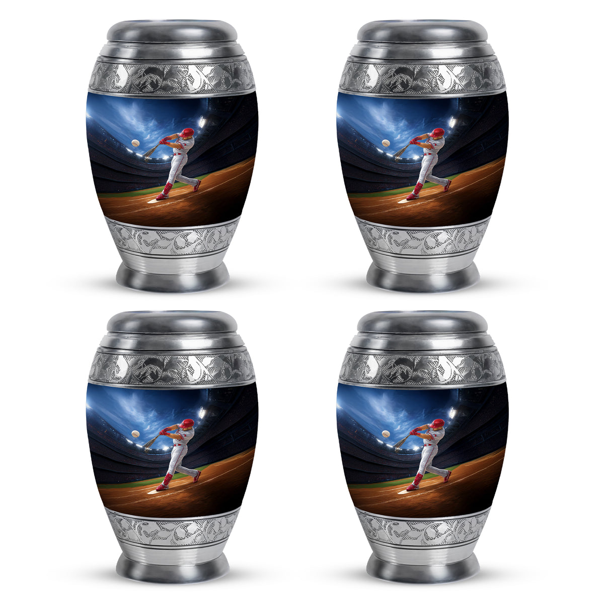 Soft Blue Baseball Cremation Urn urn with complimentary velvet bag - majestic baseball pattern with filigree border - 10 inch aluminum urn for cremated remains