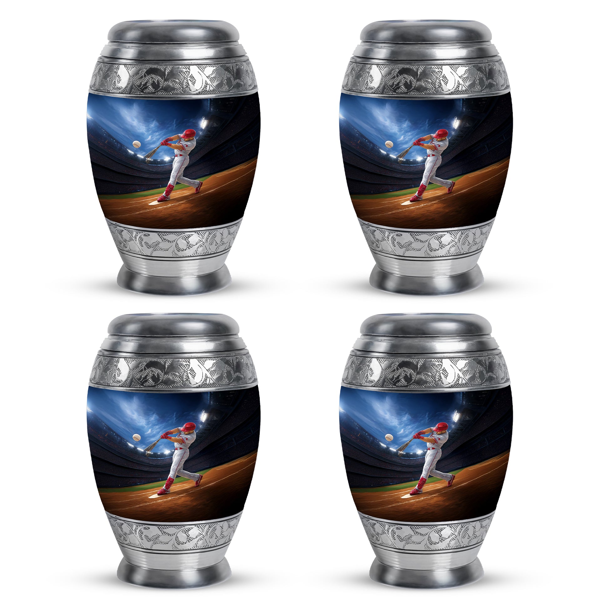 Soft Blue Baseball Cremation Urn urn with complimentary velvet bag - majestic baseball pattern with filigree border - 10 inch aluminum urn for cremated remains