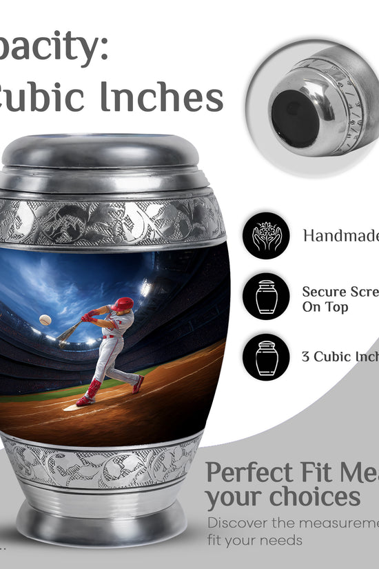 Serene Blue Baseball Cremation Urn lifestyle display on memorial shelf - majestic baseball pattern with filigree border - mini keepsake memorial for portion of cremation ashes