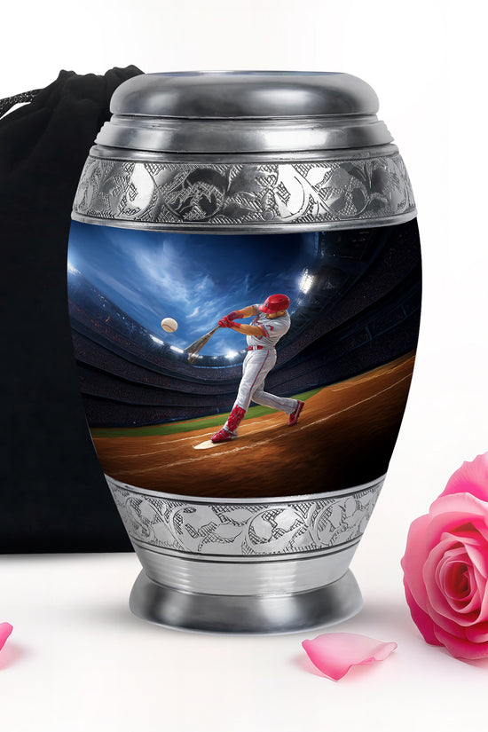 Calming Blue Baseball Cremation Urn back view with polished surface - majestic baseball pattern with filigree border - full-size 10 inch 200 cubic inch adult cremation urn