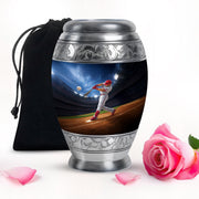 Calming Blue Baseball Cremation Urn back view with polished surface - majestic baseball pattern with filigree border - full-size 10 inch 200 cubic inch adult cremation urn