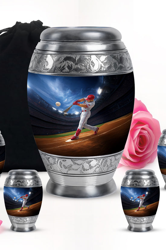 Sky Blue Baseball Cremation Urn detail view - regal baseball design with crown-inspired accents - memorial set with one large and four small urns