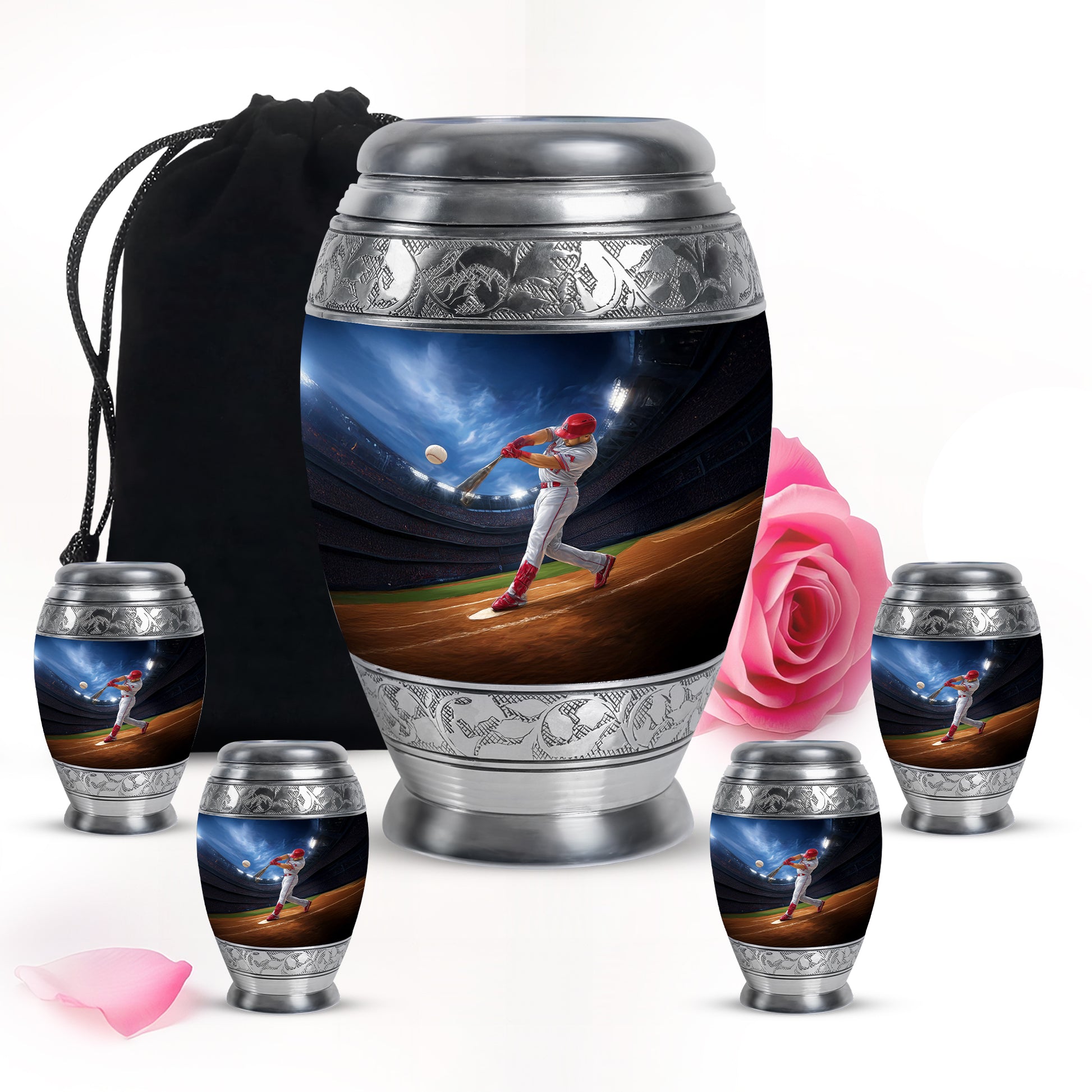 Sky Blue Baseball Cremation Urn detail view - regal baseball design with crown-inspired accents - memorial set with one large and four small urns