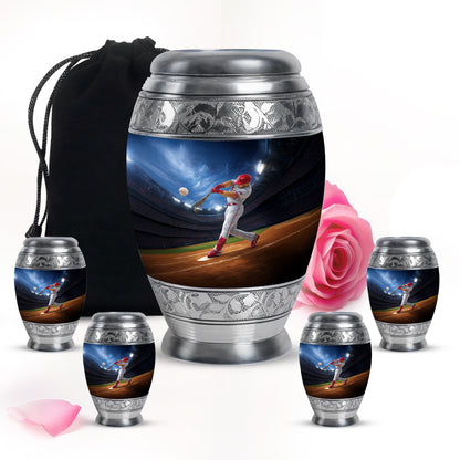 Sky Blue Baseball Cremation Urn detail view - regal baseball design with crown-inspired accents - memorial set with one large and four small urns