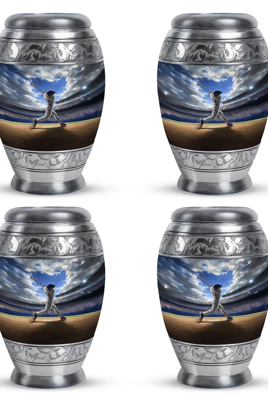 Pastel Blue Baseball Cremation Urn urn with complimentary velvet bag - regal baseball design with crown-inspired accents - 10 inch aluminum urn for cremated remains