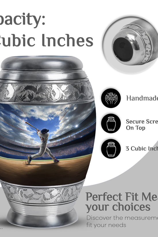 Cornflower Blue Baseball Cremation Urn lifestyle display on memorial shelf - royal baseball engraving with decorative scrollwork - mini keepsake memorial for portion of cremation ashes