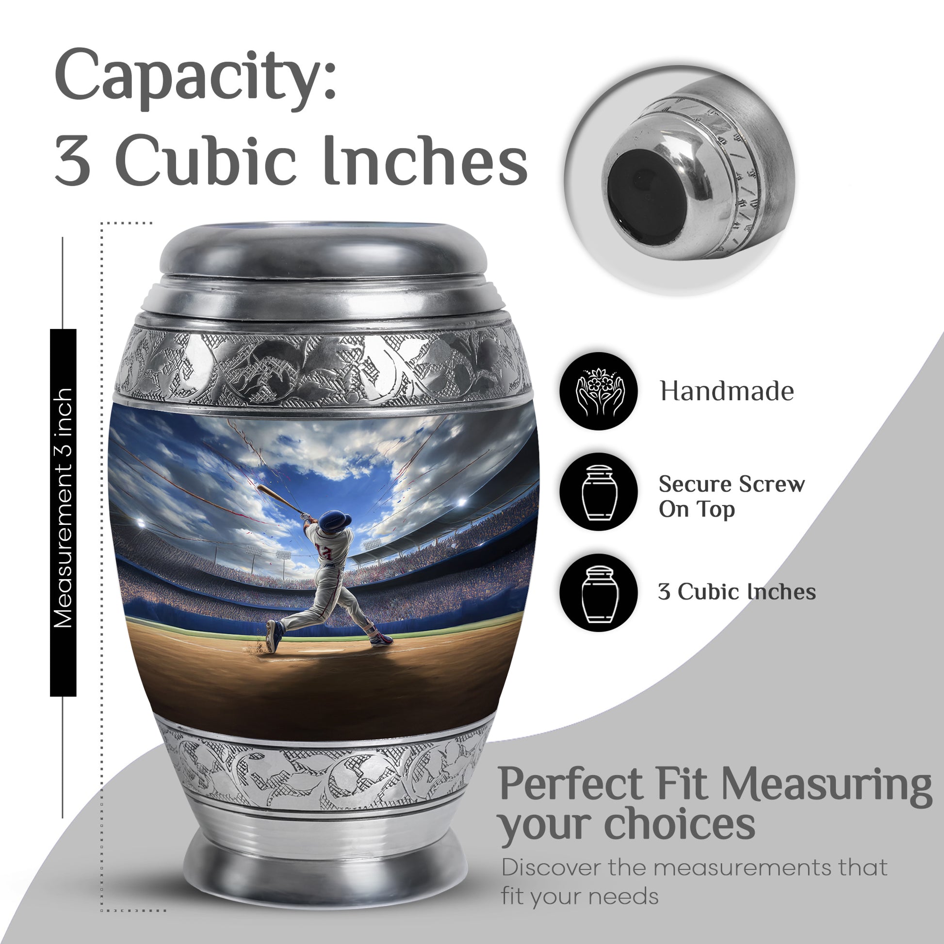 Cornflower Blue Baseball Cremation Urn lifestyle display on memorial shelf - royal baseball engraving with decorative scrollwork - mini keepsake memorial for portion of cremation ashes