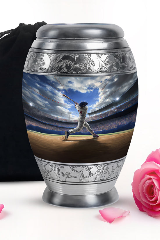Indigo Baseball Cremation Urn back view with polished surface - ornate monarch-style baseball relief on brushed aluminum - full-size 10 inch 200 cubic inch adult cremation urn