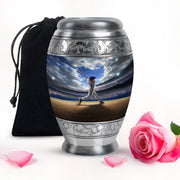 Indigo Baseball Cremation Urn back view with polished surface - ornate monarch-style baseball relief on brushed aluminum - full-size 10 inch 200 cubic inch adult cremation urn