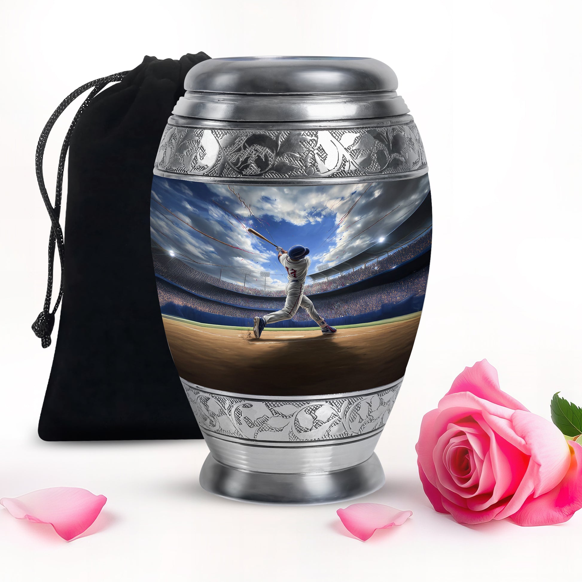 Indigo Baseball Cremation Urn back view with polished surface - ornate monarch-style baseball relief on brushed aluminum - full-size 10 inch 200 cubic inch adult cremation urn
