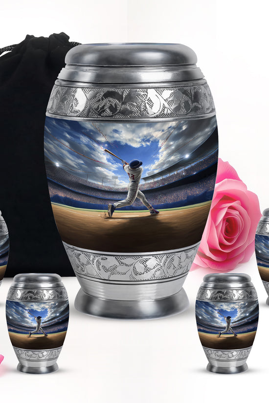 Royal Blue Baseball Cremation Urn detail view - majestic baseball pattern with filigree border - memorial set with one large and four small urns