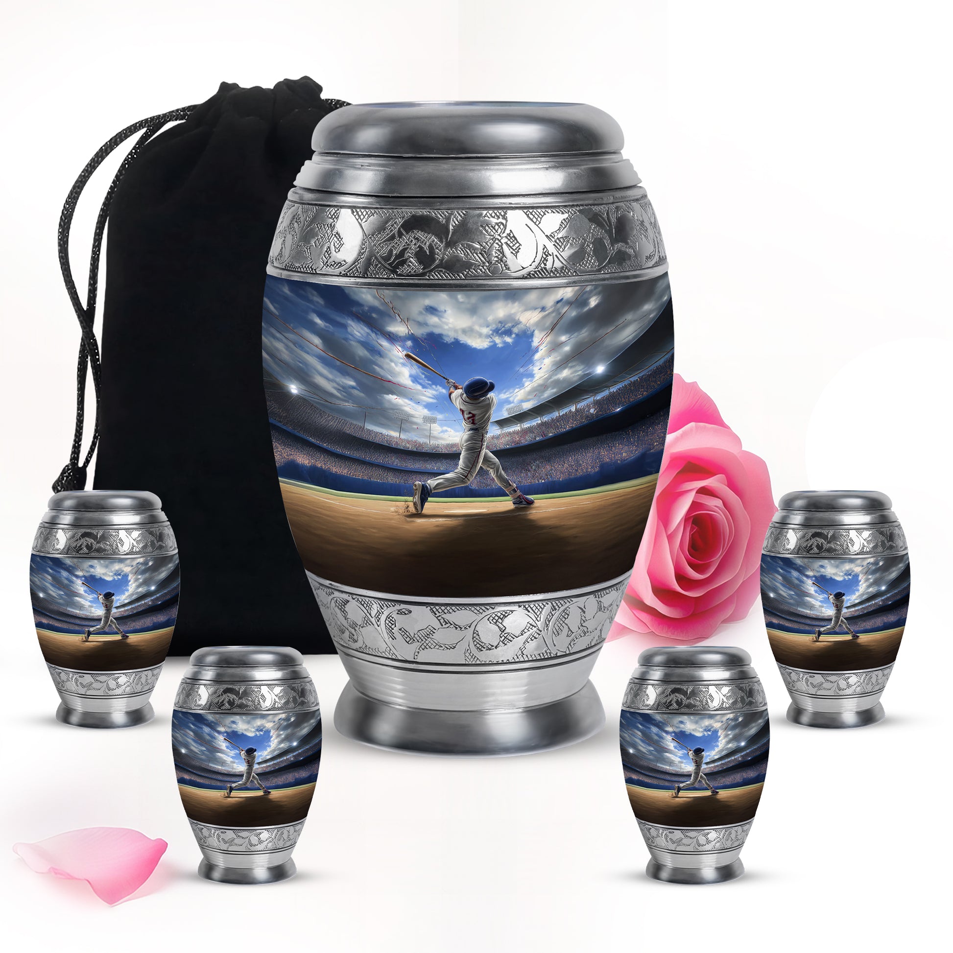 Royal Blue Baseball Cremation Urn detail view - majestic baseball pattern with filigree border - memorial set with one large and four small urns