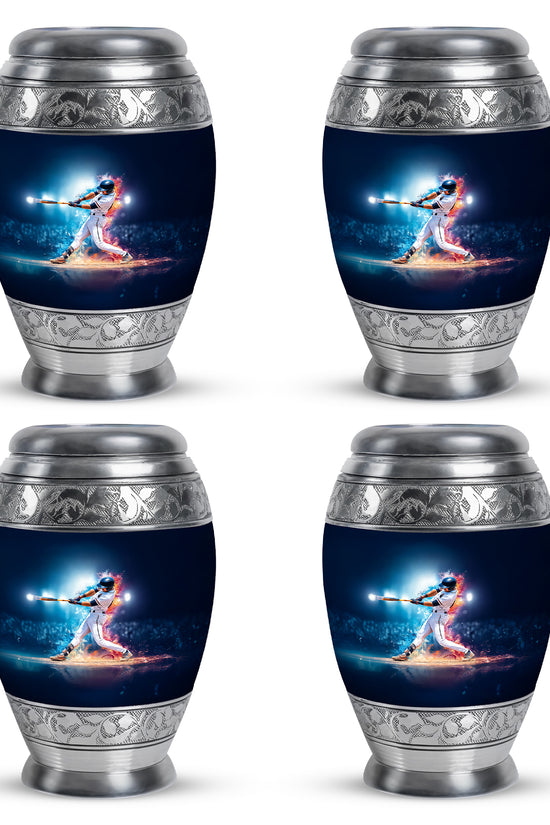 Celestial Blue Baseball Cremation Urn urn with complimentary velvet bag - ornate monarch-style baseball relief on brushed aluminum - 10 inch aluminum urn for cremated remains