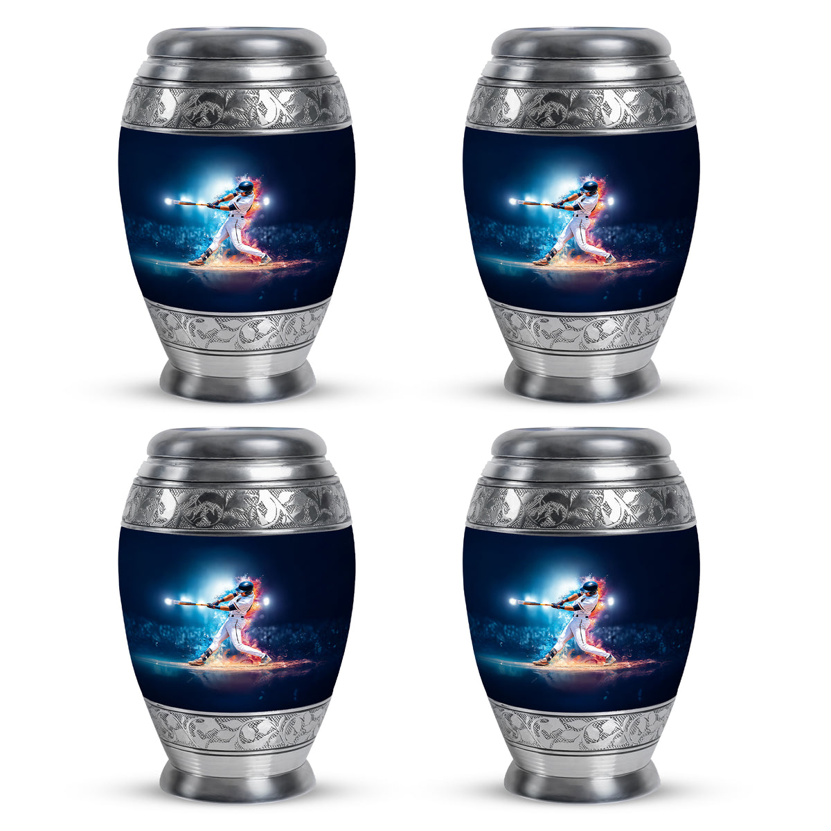 Celestial Blue Baseball Cremation Urn urn with complimentary velvet bag - ornate monarch-style baseball relief on brushed aluminum - 10 inch aluminum urn for cremated remains