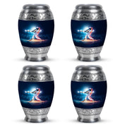 Celestial Blue Baseball Cremation Urn urn with complimentary velvet bag - ornate monarch-style baseball relief on brushed aluminum - 10 inch aluminum urn for cremated remains
