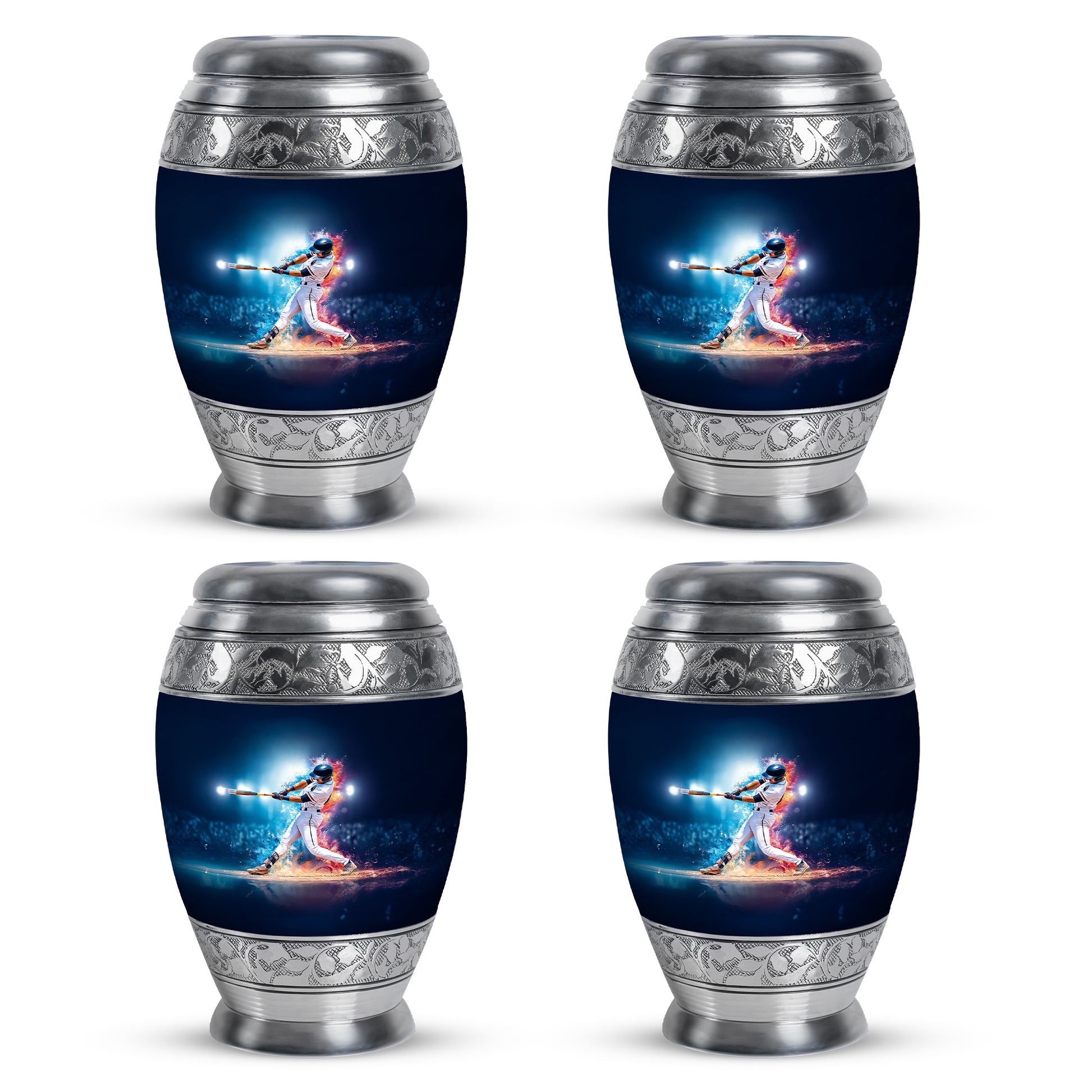 Celestial Blue Baseball Cremation Urn urn with complimentary velvet bag - ornate monarch-style baseball relief on brushed aluminum - 10 inch aluminum urn for cremated remains