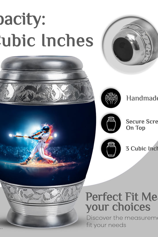 Cornflower Blue Baseball Cremation Urn lifestyle display on memorial shelf - majestic baseball pattern with filigree border - mini keepsake memorial for portion of cremation ashes