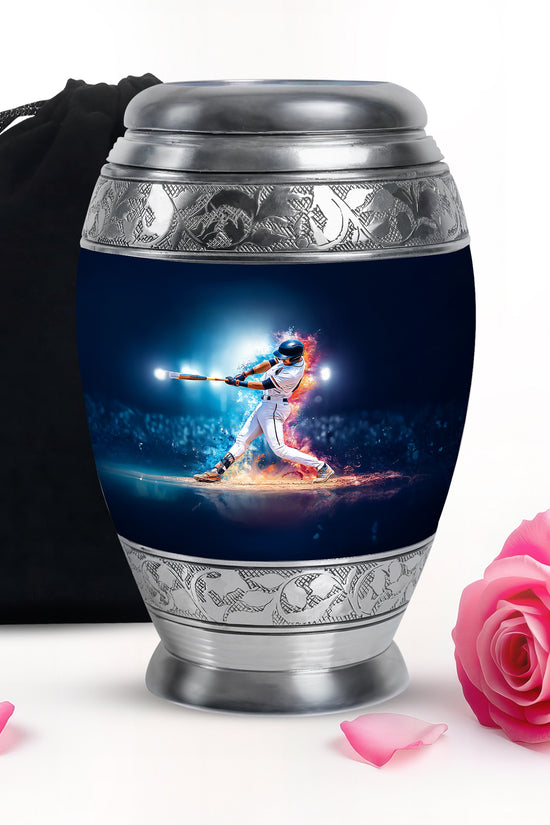 Bright Blue Baseball Cremation Urn back view with polished surface - majestic baseball pattern with filigree border - full-size 10 inch 200 cubic inch adult cremation urn