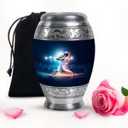 Bright Blue Baseball Cremation Urn back view with polished surface - majestic baseball pattern with filigree border - full-size 10 inch 200 cubic inch adult cremation urn