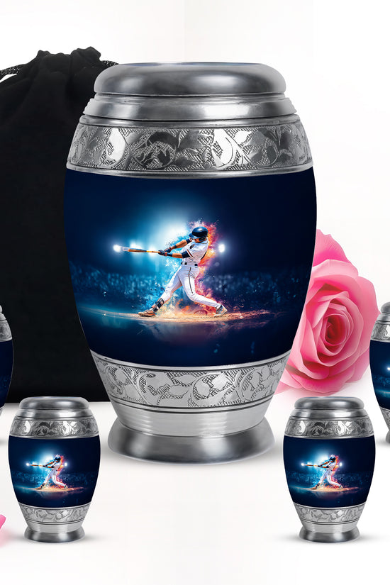 Sapphire Blue Baseball Cremation Urn detail view - majestic baseball pattern with filigree border - memorial set with one large and four small urns