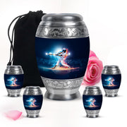 Sapphire Blue Baseball Cremation Urn detail view - majestic baseball pattern with filigree border - memorial set with one large and four small urns