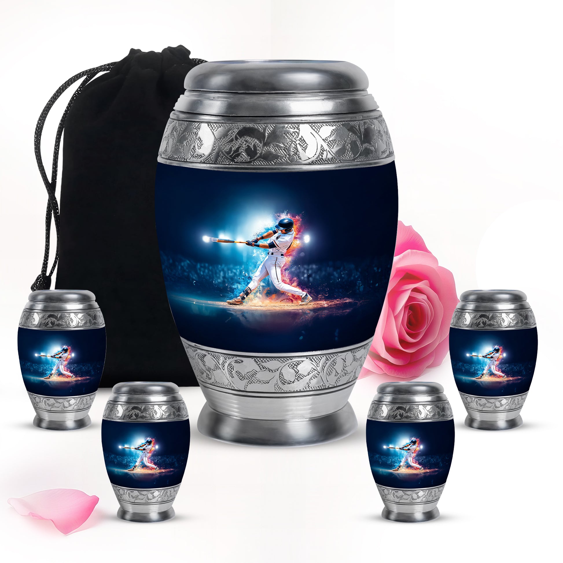 Sapphire Blue Baseball Cremation Urn detail view - majestic baseball pattern with filigree border - memorial set with one large and four small urns