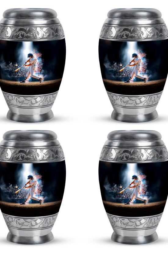 Glossy Black Baseball Cremation Urn urn with complimentary velvet bag - ornate monarch-style baseball relief on brushed aluminum - 10 inch aluminum urn for cremated remains