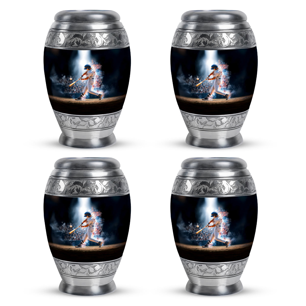 Glossy Black Baseball Cremation Urn urn with complimentary velvet bag - ornate monarch-style baseball relief on brushed aluminum - 10 inch aluminum urn for cremated remains