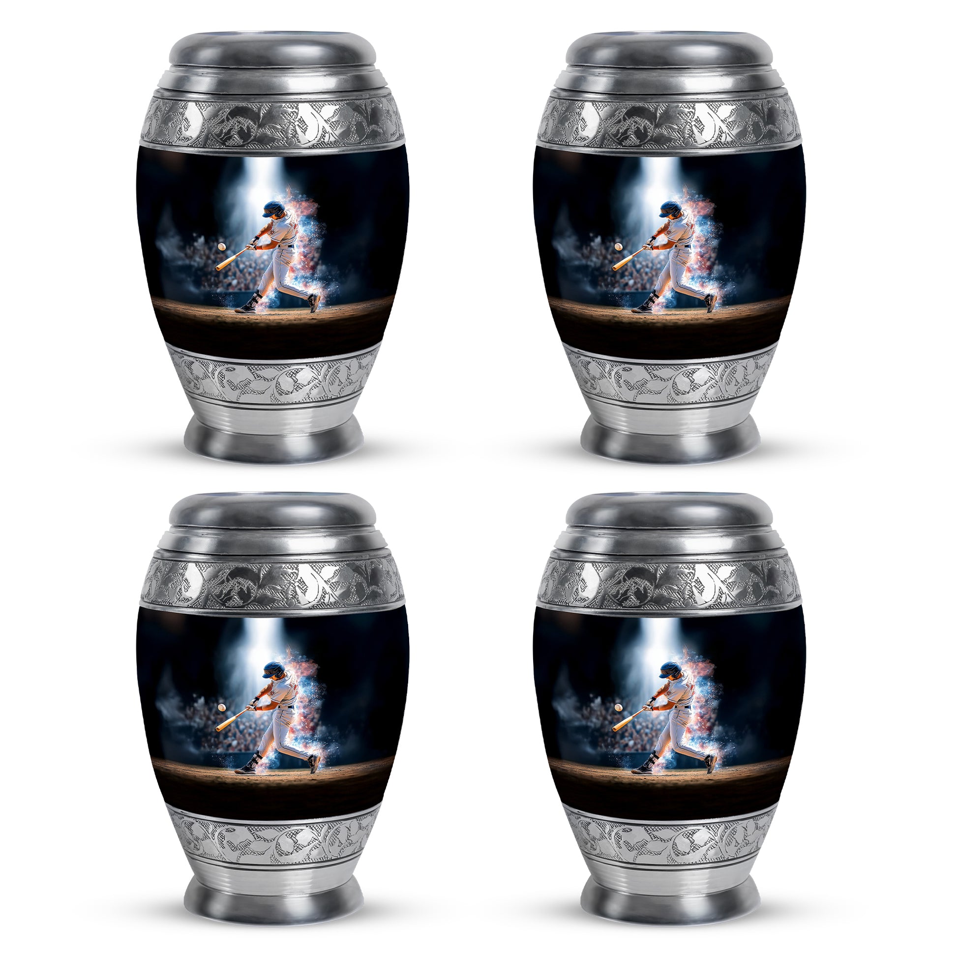 Glossy Black Baseball Cremation Urn urn with complimentary velvet bag - ornate monarch-style baseball relief on brushed aluminum - 10 inch aluminum urn for cremated remains