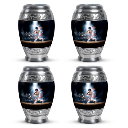 Glossy Black Baseball Cremation Urn urn with complimentary velvet bag - ornate monarch-style baseball relief on brushed aluminum - 10 inch aluminum urn for cremated remains