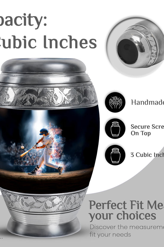 Ebony Baseball Cremation Urn lifestyle display on memorial shelf - ornate monarch-style baseball relief on brushed aluminum - mini keepsake memorial for portion of cremation ashes