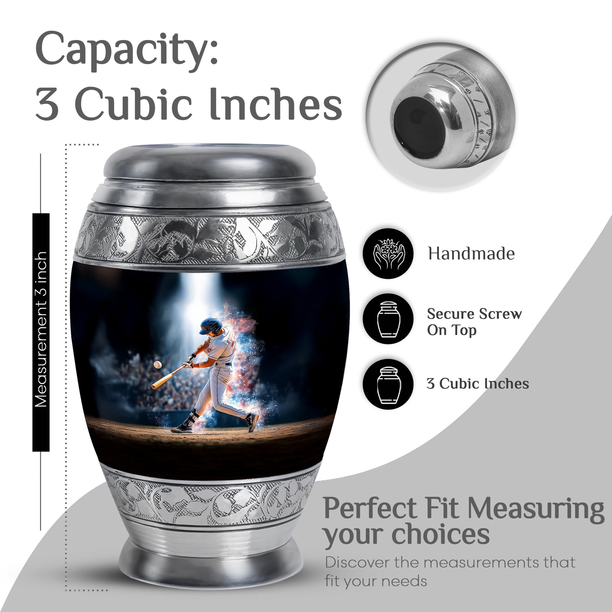 Ebony Baseball Cremation Urn lifestyle display on memorial shelf - ornate monarch-style baseball relief on brushed aluminum - mini keepsake memorial for portion of cremation ashes