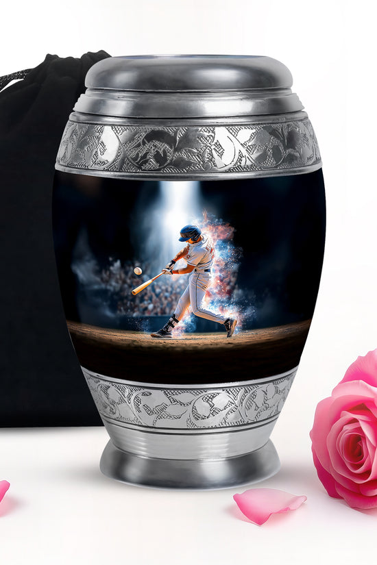 Midnight Black Baseball Cremation Urn back view with polished surface - majestic baseball pattern with filigree border - full-size 10 inch 200 cubic inch adult cremation urn