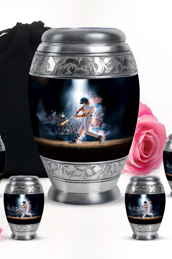 Charcoal Black Baseball Cremation Urn detail view - royal baseball engraving with decorative scrollwork - memorial set with one large and four small urns
