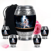 Charcoal Black Baseball Cremation Urn detail view - royal baseball engraving with decorative scrollwork - memorial set with one large and four small urns